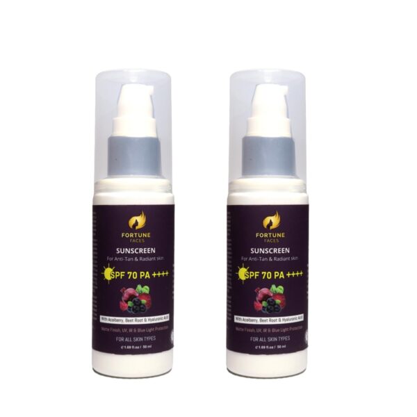 Fortune Faces SPF 70 PA++++ Sunscreen | For Anti-tan and Radiant Skin | Acaiberry, Beetroot with Hyaluronic Acid For Intense Sun Protection, Hydration & Glow | Broad Spectrum, Lightweight & Non-Greasy Formula | All Skin Types | Pack of 2 (50 ml) Visit the Fortune Faces Store