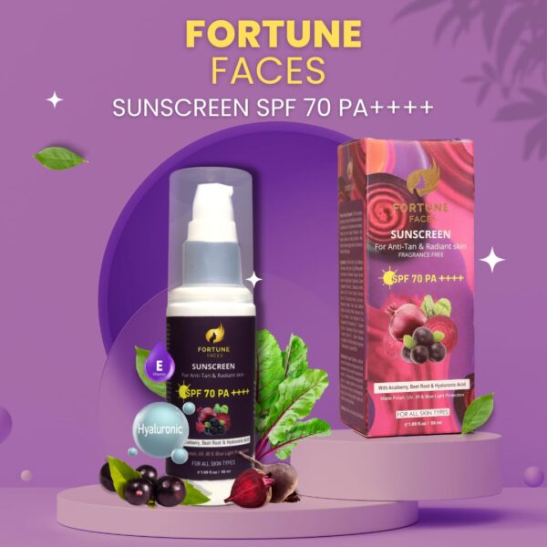 Fortune Faces SPF 70 PA++++ Sunscreen | For Anti-tan and Radiant Skin | Acaiberry, Beetroot with Hyaluronic Acid For Intense Sun Protection, Hydration & Glow | Broad Spectrum, Lightweight & Non-Greasy Formula | All Skin Types | Pack of 2 (50 ml) Visit the Fortune Faces Store - Image 5