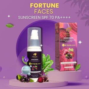 Fortune Faces SPF 70 PA++++ Sunscreen | For Anti-tan and Radiant Skin | Acaiberry, Beetroot with Hyaluronic Acid For Intense Sun Protection, Hydration & Glow | Broad Spectrum, Lightweight & Non-Greasy Formula | All Skin Types - 50 ml