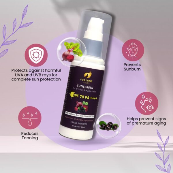 Fortune Faces SPF 70 PA++++ Sunscreen | For Anti-tan and Radiant Skin | Acaiberry, Beetroot with Hyaluronic Acid For Intense Sun Protection, Hydration & Glow | Broad Spectrum, Lightweight & Non-Greasy Formula | All Skin Types | Pack of 2 (50 ml) Visit the Fortune Faces Store - Image 4