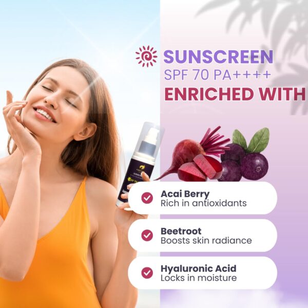 Fortune Faces SPF 70 PA++++ Sunscreen | For Anti-tan and Radiant Skin | Acaiberry, Beetroot with Hyaluronic Acid For Intense Sun Protection, Hydration & Glow | Broad Spectrum, Lightweight & Non-Greasy Formula | All Skin Types | Pack of 2 (50 ml) Visit the Fortune Faces Store - Image 3
