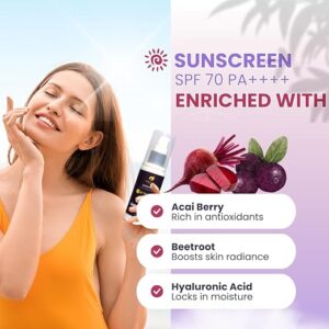 Fortune Faces SPF 70 PA++++ Sunscreen | For Anti-tan and Radiant Skin | Acaiberry, Beetroot with Hyaluronic Acid For Intense Sun Protection, Hydration & Glow | Broad Spectrum, Lightweight & Non-Greasy Formula | All Skin Types - 50 ml
