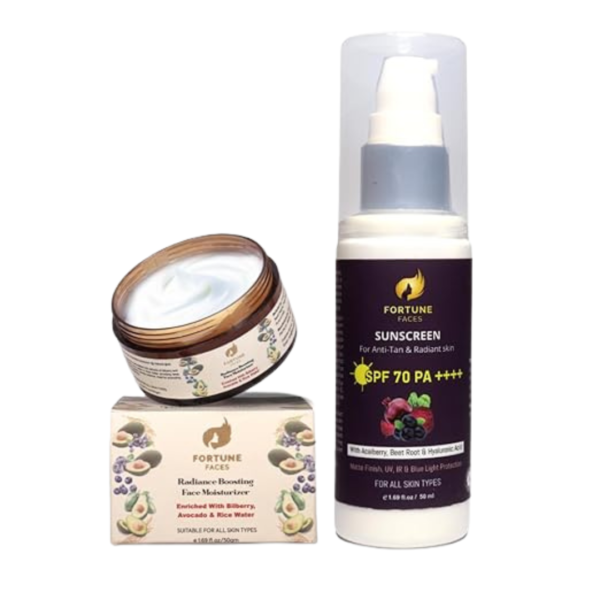 Fortune Faces SPF 70 PA++++ Sunscreen | For Anti-tan and Radiant Skin | Broad Spectrum, Lightweight & Non-Greasy Formula - 50 Ml & Fortune Faces Radiance Boosting Face Moisturizer | For Deep Hydration & Youthful Glow - 50 Gm | Pack of 2