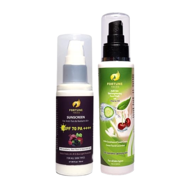 Fortune Faces Hydrating Anti-tan Skin Brightening Face Wash | Gentle Cleansing With Natural Glow - 100Ml & Fortune Faces SPF 70 PA++++ Sunscreen | For Anti-tan and Radiant Skin | Intense Sun Protection, Hydration & Glow - 50 Ml | Pack of 2